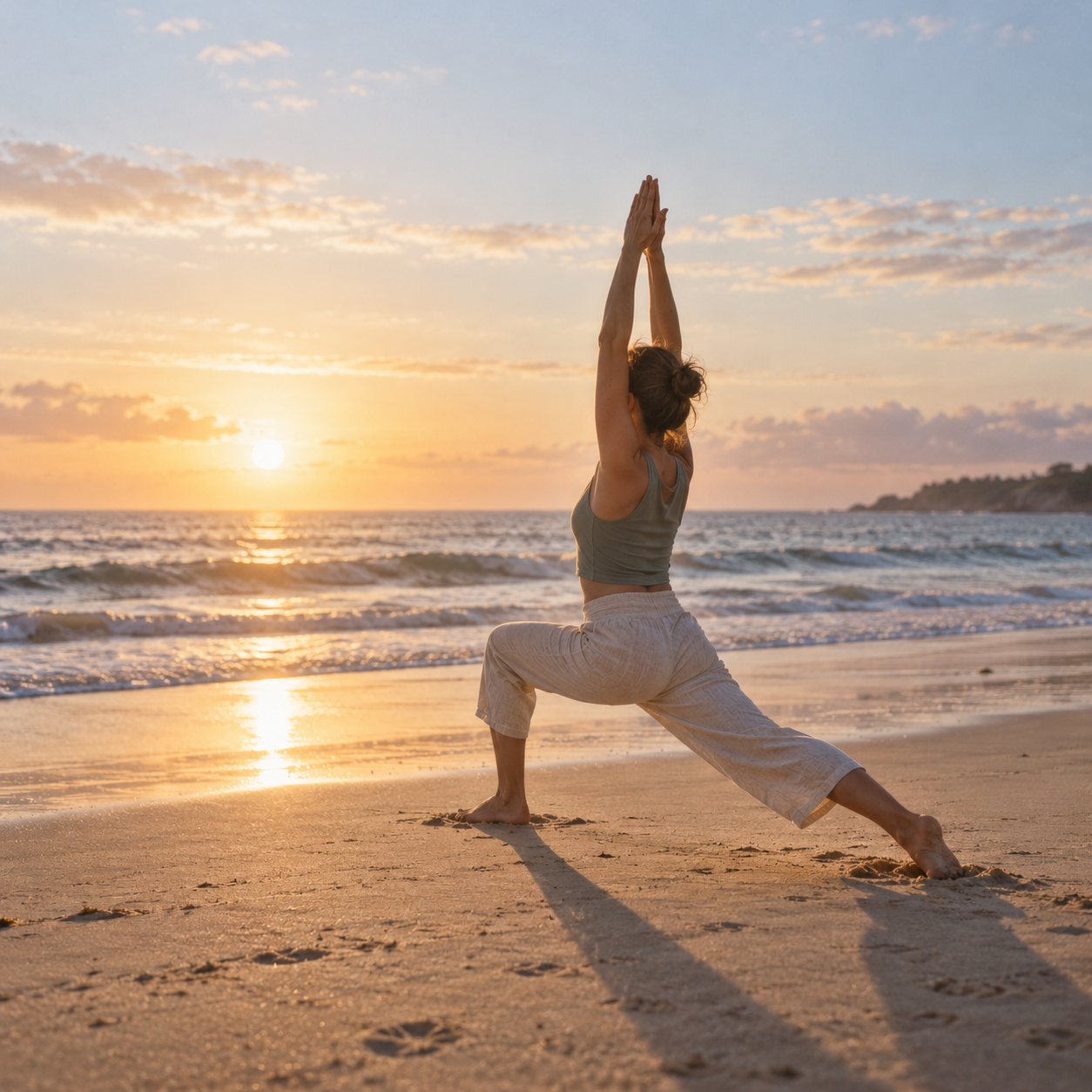 Yoga practice on a quiet beach at sunrise